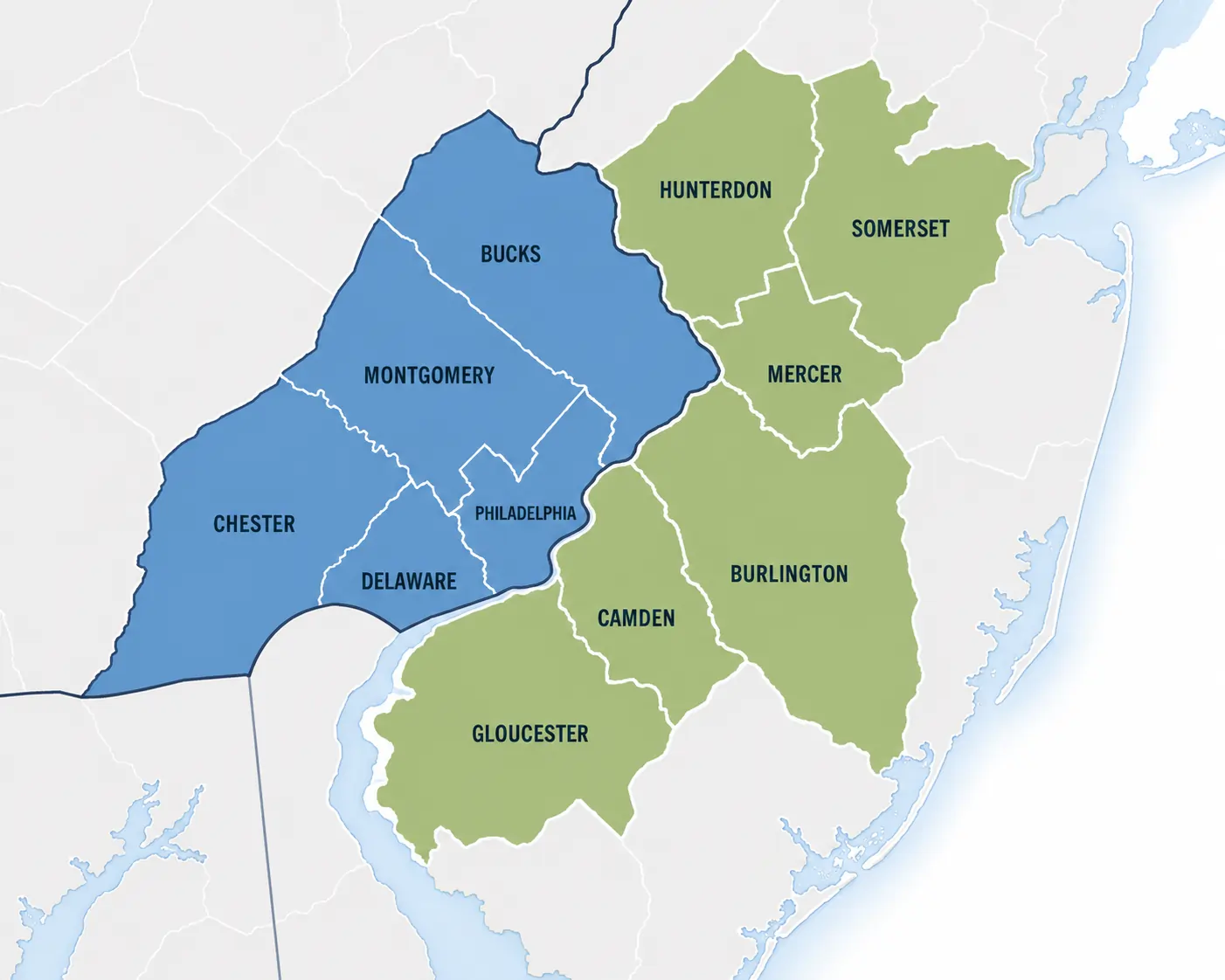 Map of the RGV Construction service area across Southeastern Pennsylvania and New Jersey